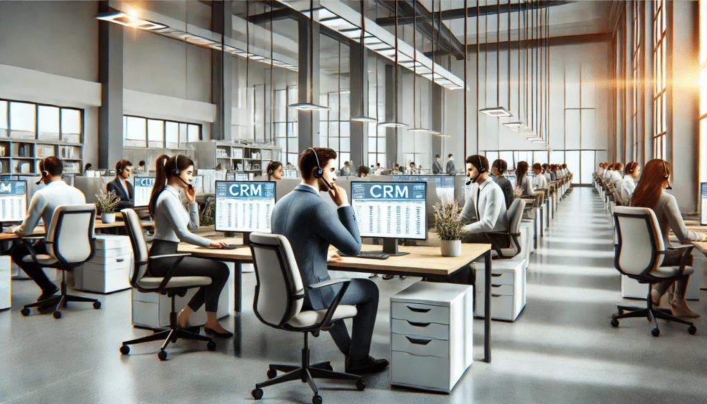 Ein modernes Callcenter mit einem Team engagierter Mitarbeiter im Presale. Sie sitzen in einem offenen Büro mit Headsets und arbeiten konzentriert, während sie telefonieren oder Daten in ein CRM-System eingeben. Der Raum ist mit moderner Technik und Beleuchtung ausgestattet, um Professionalität und Effizienz zu symbolisieren.