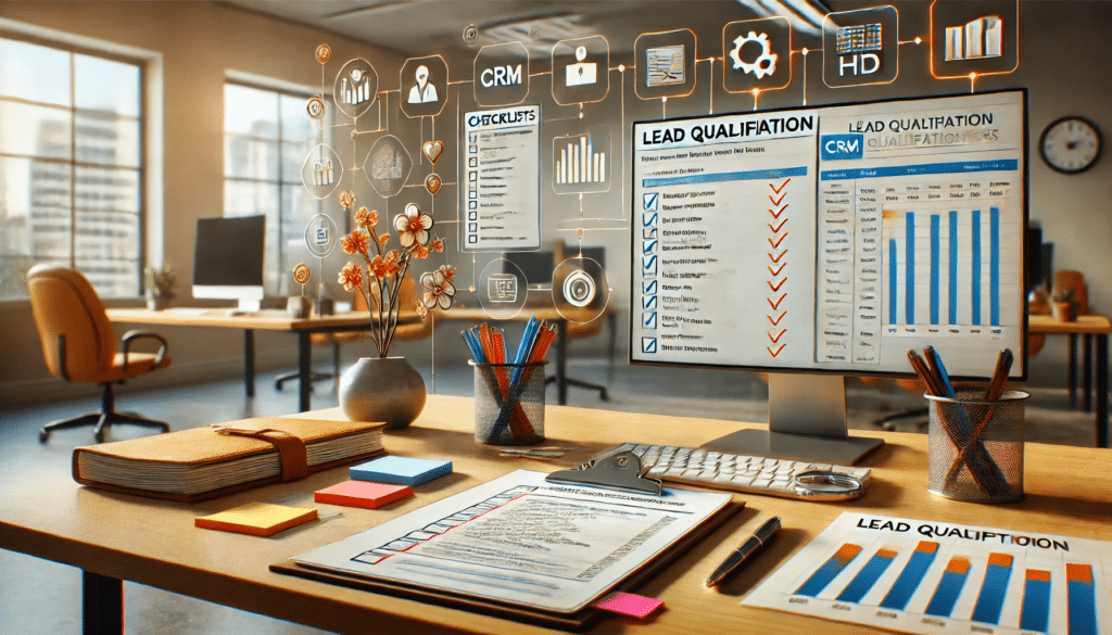Ein Arbeitsplatz mit mehreren Checklisten, offenen Diagrammen und einer auf dem Bildschirm sichtbaren CRM-Software. Das Bild zeigt deutliche Details von strukturierten Prozessen, wie durch Filter und Sortierungen Leads bewertet werden.