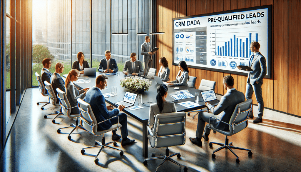 Ein Team von Vertriebsmitarbeitern sitzt an einem großen Konferenztisch. Sie besprechen vorqualifizierte Leads, mit Präsentationen auf einem Bildschirm und ausgedruckten Diagrammen. Der Raum wirkt professionell und auf Zusammenarbeit ausgerichtet.