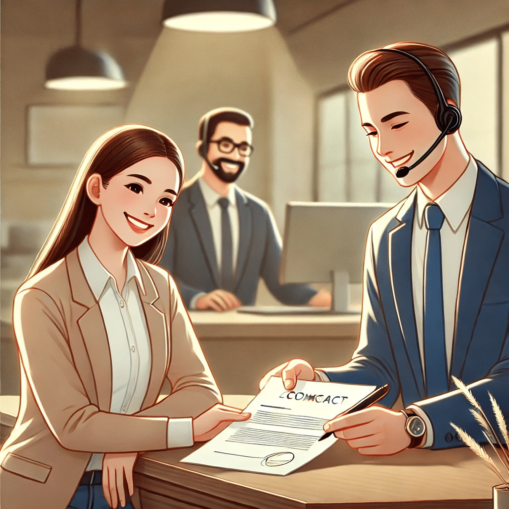 Ein lächelnder Kunde (oder eine Kundin) sitzt an einem Schreibtisch und unterschreibt einen Vertrag. Im Hintergrund ist eine positive Atmosphäre erkennbar, die durch freundliche Interaktionen mit einem Callcenter-Mitarbeiter verstärkt wird.